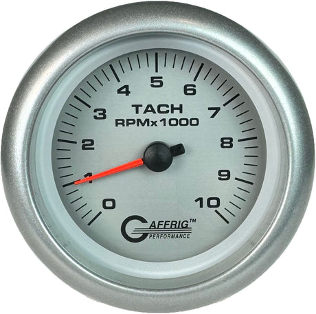 GAFFRIG 3 3/8 INCH ELECTRIC TACHOMETER 6000, 8000 & 10000 RPM PLATINUM FAT RIM (338) / PLATINUM / 10000