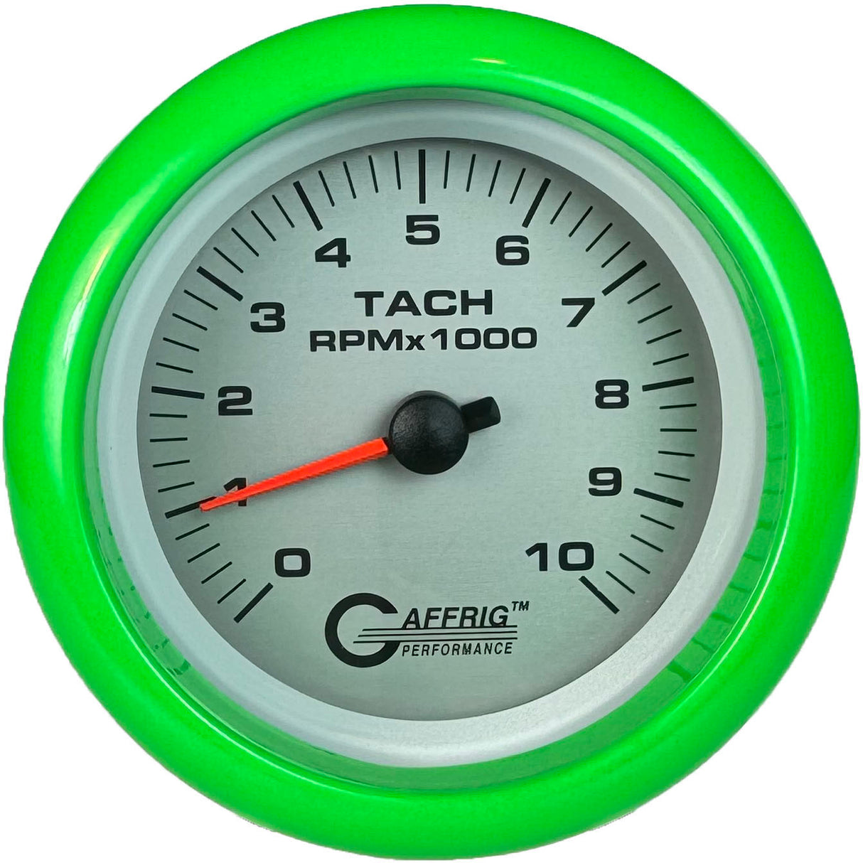 GAFFRIG 3 3/8 INCH ELECTRIC TACHOMETER 6000, 8000 & 10000 RPM PLATINUM FAT RIM (338) / LIME GREEN / 10000