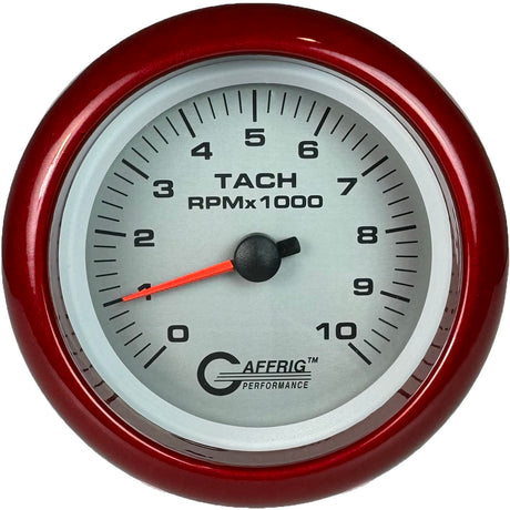 GAFFRIG 3 3/8 INCH ELECTRIC TACHOMETER 6000, 8000 & 10000 RPM PLATINUM FAT RIM (338) / RED / 10000