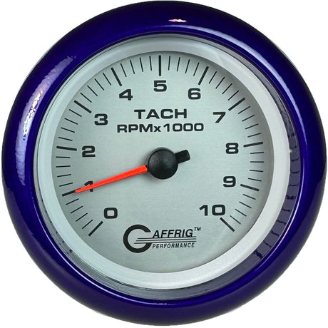 GAFFRIG 3 3/8 INCH ELECTRIC TACHOMETER 6000, 8000 & 10000 RPM PLATINUM FAT RIM (338) / PURPLE / 10000