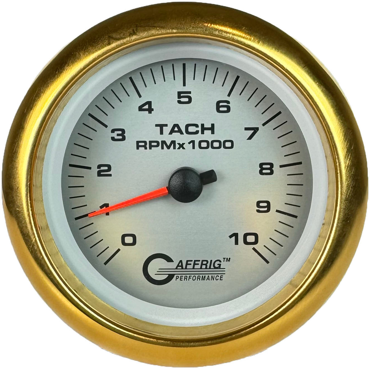 GAFFRIG 3 3/8 INCH ELECTRIC TACHOMETER 6000, 8000 & 10000 RPM PLATINUM FAT RIM (338) / GOLD / 10000