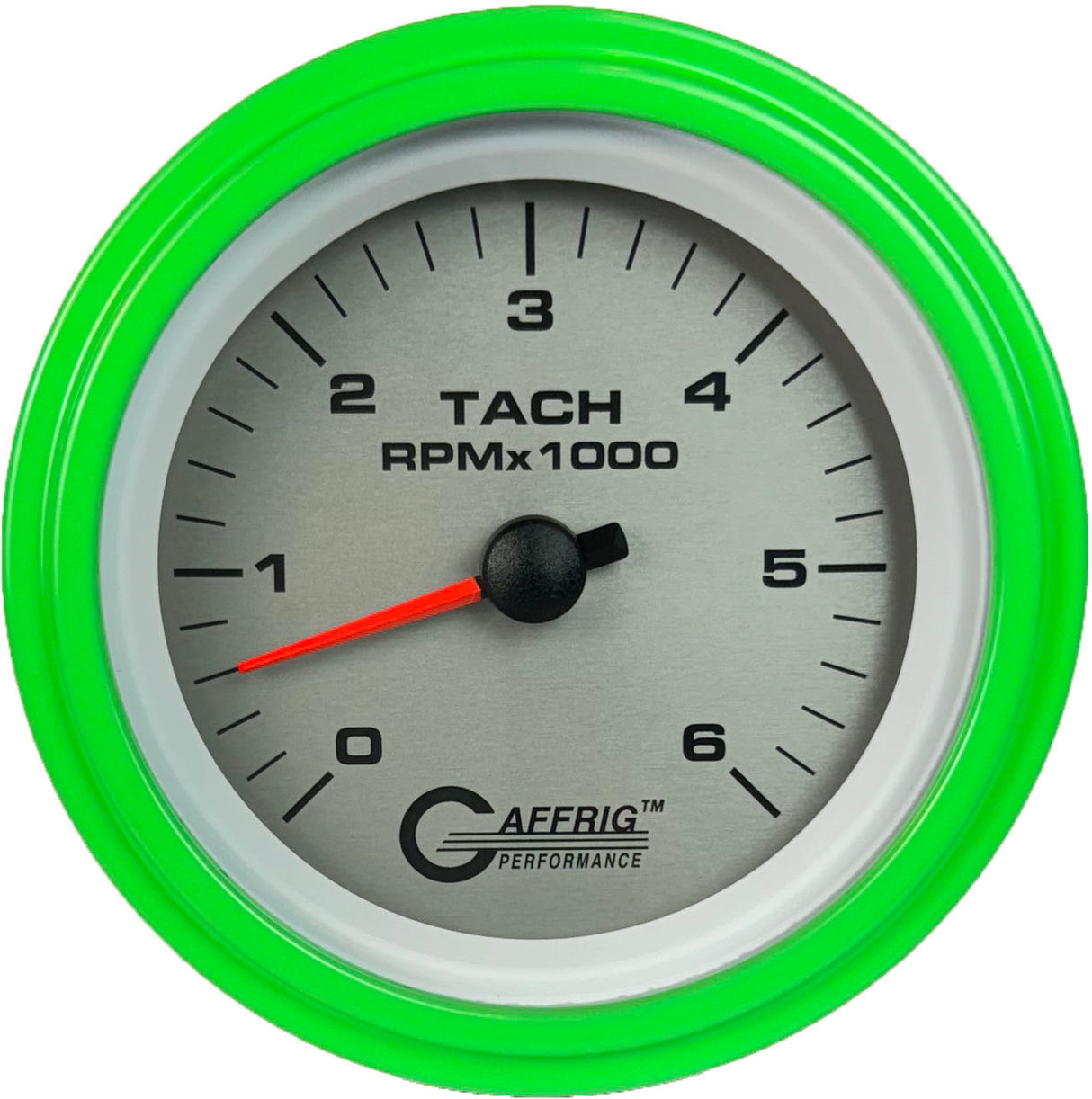 GAFFRIG 3 3/8 INCH ELECTRIC TACHOMETER 6000, 8000 & 10000 RPM PLATINUM STEP RIM (008) / LIME GREEN / 6000