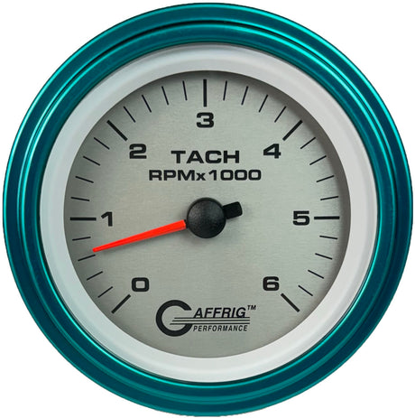 GAFFRIG 3 3/8 INCH ELECTRIC TACHOMETER 6000, 8000 & 10000 RPM PLATINUM STEP RIM (008) / TEAL / 6000