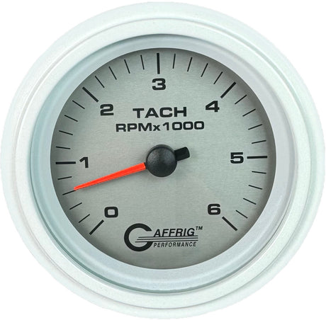 GAFFRIG 3 3/8 INCH ELECTRIC TACHOMETER 6000, 8000 & 10000 RPM PLATINUM STEP RIM (008) / WHITE / 6000