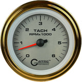 GAFFRIG 3 3/8 INCH ELECTRIC TACHOMETER 6000, 8000 & 10000 RPM PLATINUM STEP RIM (008) / GOLD / 6000