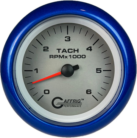 GAFFRIG 3 3/8 INCH ELECTRIC TACHOMETER 6000, 8000 & 10000 RPM PLATINUM FAT RIM (338) / BLUE / 6000