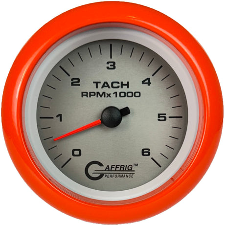 GAFFRIG 3 3/8 INCH ELECTRIC TACHOMETER 6000, 8000 & 10000 RPM PLATINUM FAT RIM (338) / ORANGE / 6000