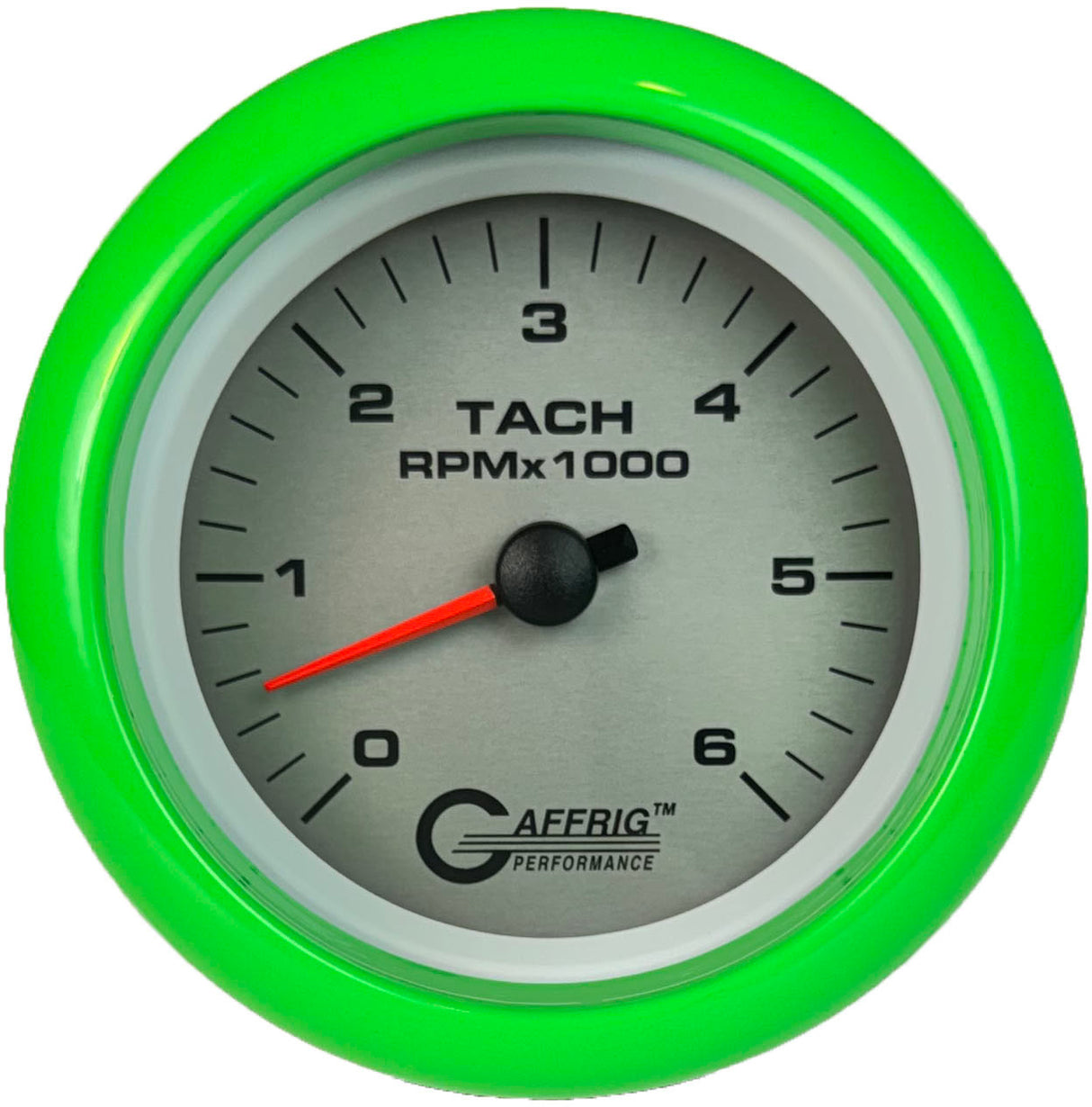 GAFFRIG 3 3/8 INCH ELECTRIC TACHOMETER 6000, 8000 & 10000 RPM PLATINUM FAT RIM (338) / LIME GREEN / 6000