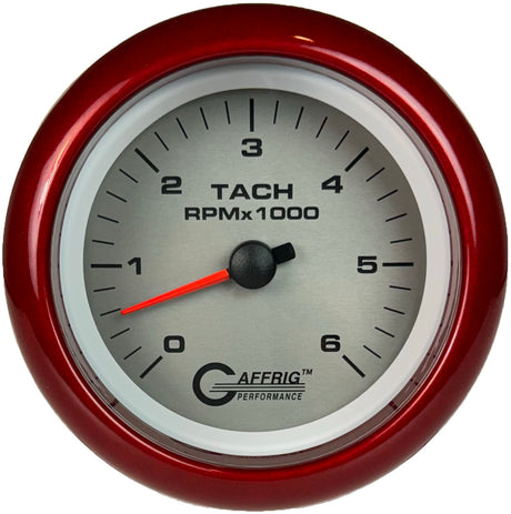 GAFFRIG 3 3/8 INCH ELECTRIC TACHOMETER 6000, 8000 & 10000 RPM PLATINUM FAT RIM (338) / RED / 6000