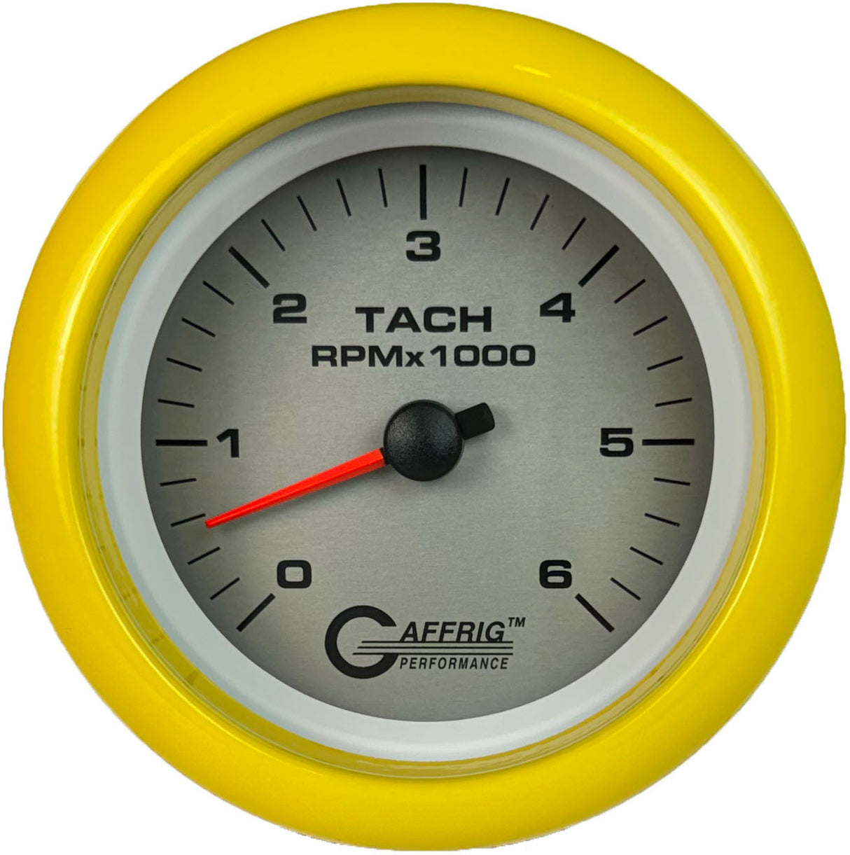 GAFFRIG 3 3/8 INCH ELECTRIC TACHOMETER 6000, 8000 & 10000 RPM PLATINUM FAT RIM (338) / YELLOW / 6000