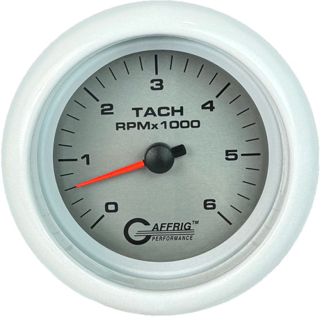 GAFFRIG 3 3/8 INCH ELECTRIC TACHOMETER 6000, 8000 & 10000 RPM PLATINUM FAT RIM (338) / WHITE / 6000