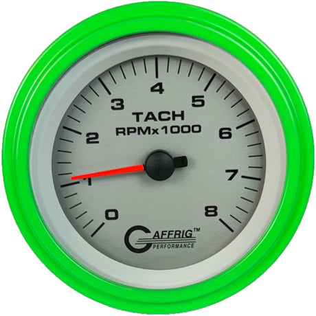 GAFFRIG 3 3/8 INCH ELECTRIC TACHOMETER 6000, 8000 & 10000 RPM PLATINUM STEP RIM (008) / LIME GREEN / 8000