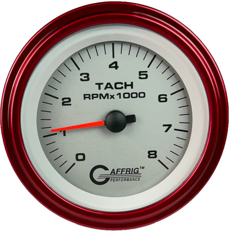 GAFFRIG 3 3/8 INCH ELECTRIC TACHOMETER 6000, 8000 & 10000 RPM PLATINUM STEP RIM (008) / RED / 8000