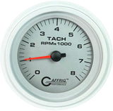 GAFFRIG 3 3/8 INCH ELECTRIC TACHOMETER 6000, 8000 & 10000 RPM PLATINUM STEP RIM (008) / WHITE / 8000