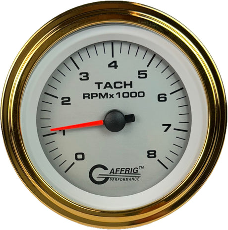 GAFFRIG 3 3/8 INCH ELECTRIC TACHOMETER 6000, 8000 & 10000 RPM PLATINUM STEP RIM (008) / GOLD / 8000