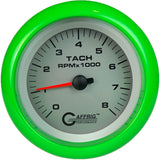 GAFFRIG 3 3/8 INCH ELECTRIC TACHOMETER 6000, 8000 & 10000 RPM PLATINUM FAT RIM (338) / LIME GREEN / 8000