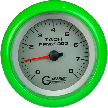 GAFFRIG 3 3/8 INCH ELECTRIC TACHOMETER 6000, 8000 & 10000 RPM PLATINUM FAT RIM (338) / LIME GREEN / 8000