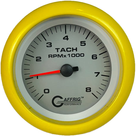 GAFFRIG 3 3/8 INCH ELECTRIC TACHOMETER 6000, 8000 & 10000 RPM PLATINUM FAT RIM (338) / YELLOW / 8000