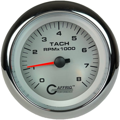 GAFFRIG 3 3/8 INCH ELECTRIC TACHOMETER 6000, 8000 & 10000 RPM PLATINUM FAT RIM (338) / CHROME/POLISHED / 8000