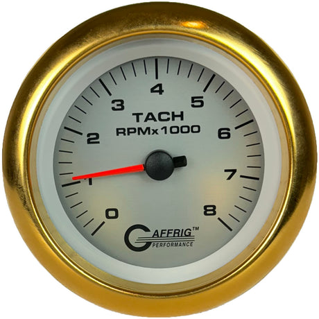 GAFFRIG 3 3/8 INCH ELECTRIC TACHOMETER 6000, 8000 & 10000 RPM PLATINUM FAT RIM (338) / GOLD / 8000