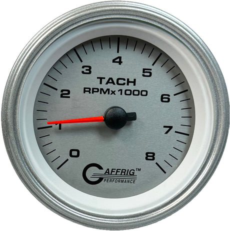 GAFFRIG 3 3/8 INCH ELECTRIC TACHOMETER 6000, 8000 & 10000 RPM PLATINUM STEP RIM (008) / PLATINUM / 8000