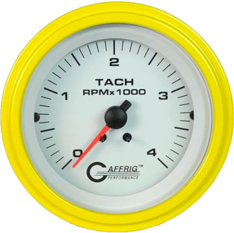 GAFFRIG PART #4762 3 3/8 ELECTRIC TACHOMETER 0-4000 RPM DIESEL WHITE STEP RIM (008) / YELLOW