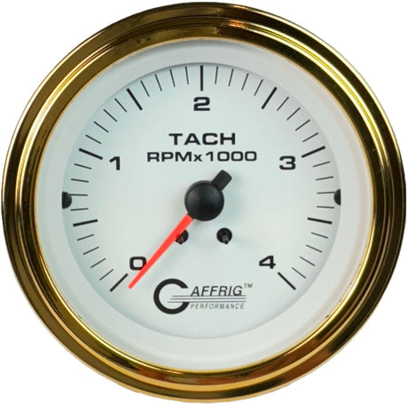 GAFFRIG PART #4762 3 3/8 ELECTRIC TACHOMETER 0-4000 RPM DIESEL WHITE STEP RIM (008) / GOLD