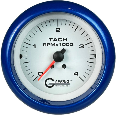 GAFFRIG PART #4764 3 3/8 ELECTRIC TACHOMETER 0-4000 RPM DIESEL WHITE FAT RIM (338) / BLUE