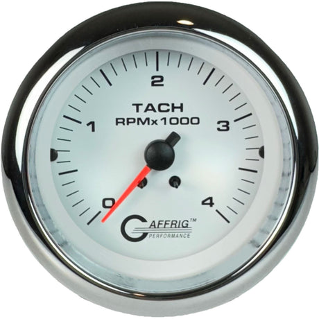 GAFFRIG PART #4764 3 3/8 ELECTRIC TACHOMETER 0-4000 RPM DIESEL WHITE FAT RIM (338) / CHROME/POLISHED