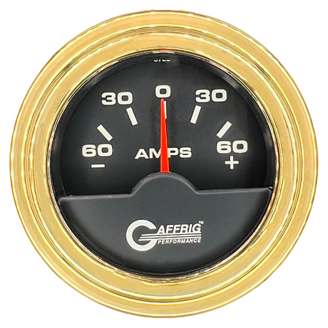 GAFFRIG 2 INCH ELECTRIC AMMETER GAUGE -60/+60 AMP STEP RIM (002) / GOLD / BLACK