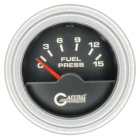 GAFFRIG 2 INCH ELECTRIC FUEL PRESSURE GAUGE 0-15 PSI STEP RIM (002) / PLATINUM / BLACK