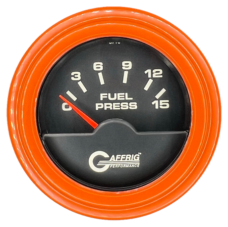 GAFFRIG 2 INCH ELECTRIC FUEL PRESSURE GAUGE 0-15 PSI STEP RIM (002) / ORANGE / BLACK