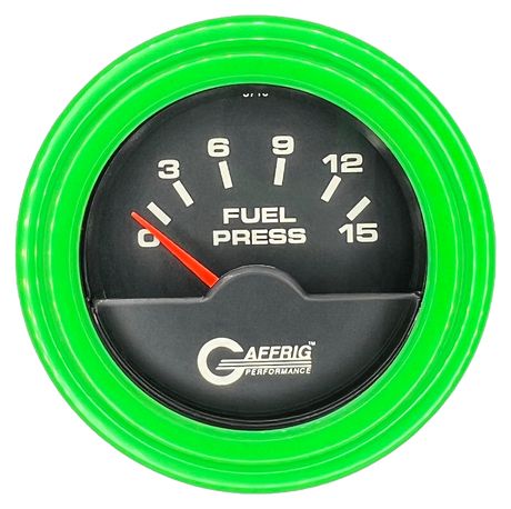 GAFFRIG 2 INCH ELECTRIC FUEL PRESSURE GAUGE 0-15 PSI STEP RIM (002) / LIME GREEN / BLACK