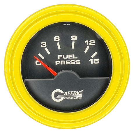 GAFFRIG 2 INCH ELECTRIC FUEL PRESSURE GAUGE 0-15 PSI STEP RIM (002) / YELLOW / BLACK