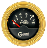 GAFFRIG 2 INCH ELECTRIC FUEL PRESSURE GAUGE 0-15 PSI STEP RIM (002) / GOLD / BLACK