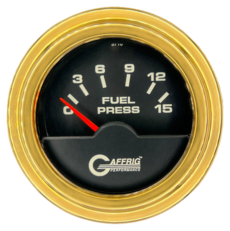 GAFFRIG 2 INCH ELECTRIC FUEL PRESSURE GAUGE 0-15 PSI STEP RIM (002) / GOLD / BLACK