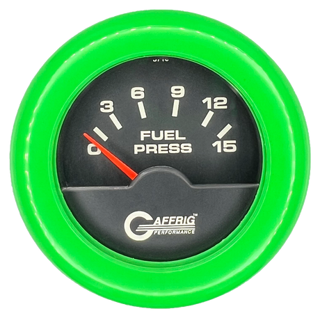 GAFFRIG 2 INCH ELECTRIC FUEL PRESSURE GAUGE 0-15 PSI FAT RIM (218) / LIME GREEN / BLACK