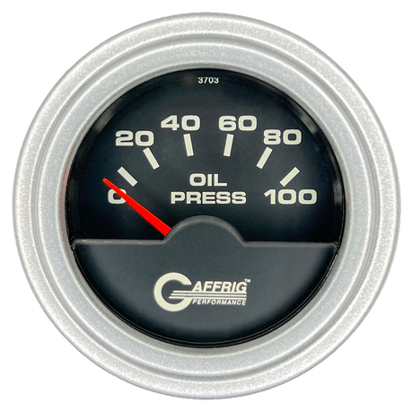 GAFFRIG 2 INCH ELECTRIC OIL PRESSURE GAUGE 0-100 PSI STEP RIM (002) / PLATINUM / BLACK