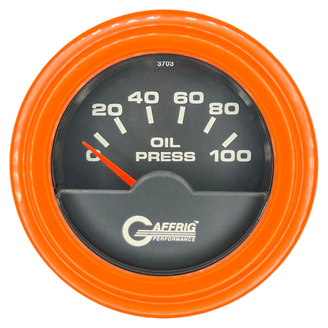 GAFFRIG 2 INCH ELECTRIC OIL PRESSURE GAUGE 0-100 PSI STEP RIM (002) / ORANGE / BLACK