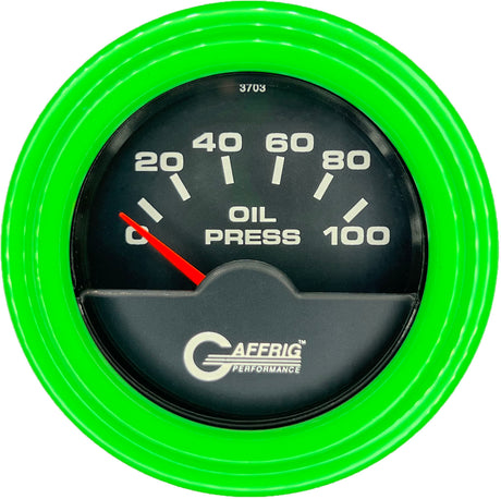 GAFFRIG 2 INCH ELECTRIC OIL PRESSURE GAUGE 0-100 PSI STEP RIM (002) / LIME GREEN / BLACK