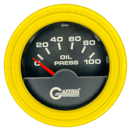 GAFFRIG 2 INCH ELECTRIC OIL PRESSURE GAUGE 0-100 PSI STEP RIM (002) / YELLOW / BLACK