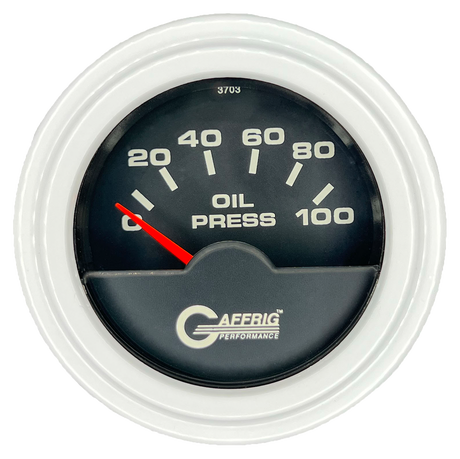 GAFFRIG 2 INCH ELECTRIC OIL PRESSURE GAUGE 0-100 PSI STEP RIM (002) / WHITE / BLACK