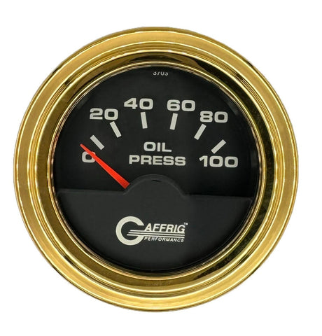 GAFFRIG 2 INCH ELECTRIC OIL PRESSURE GAUGE 0-100 PSI STEP RIM (002) / GOLD / BLACK