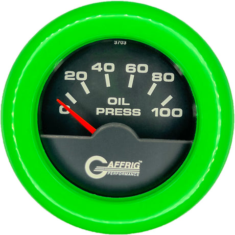 GAFFRIG 2 INCH ELECTRIC OIL PRESSURE GAUGE 0-100 PSI FAT RIM (218) / LIME GREEN / BLACK