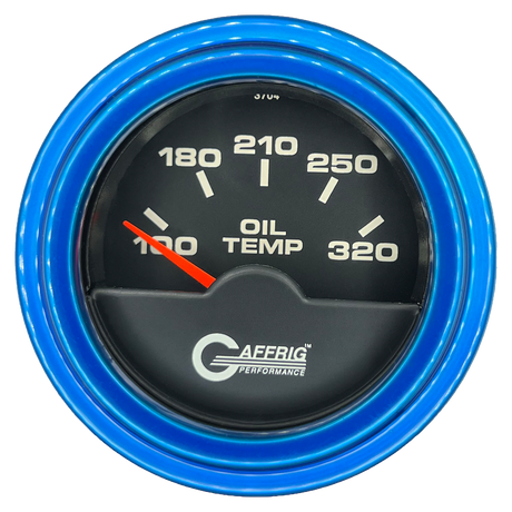 GAFFRIG 2 INCH ELECTRIC OIL TEMP GAUGE 100-320 F STEP RIM (002) / BLUE / BLACK