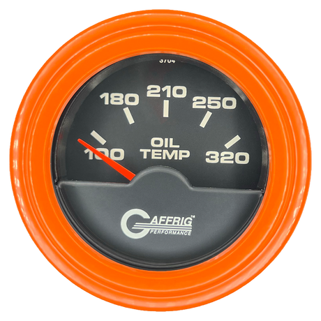 GAFFRIG 2 INCH ELECTRIC OIL TEMP GAUGE 100-320 F STEP RIM (002) / ORANGE / BLACK