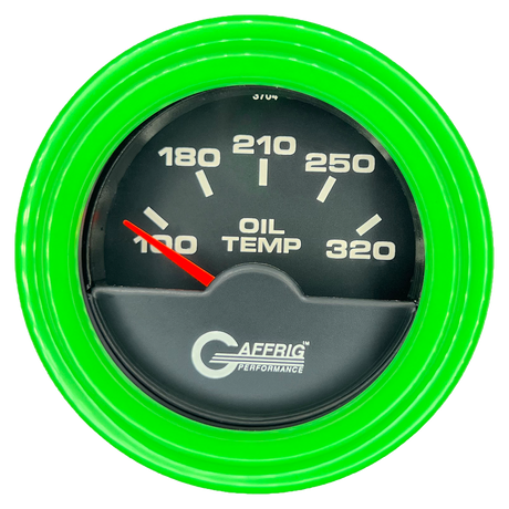 GAFFRIG 2 INCH ELECTRIC OIL TEMP GAUGE 100-320 F STEP RIM (002) / LIME GREEN / BLACK