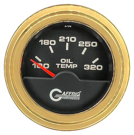 GAFFRIG 2 INCH ELECTRIC OIL TEMP GAUGE 100-320 F STEP RIM (002) / GOLD / BLACK