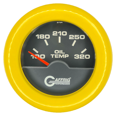 GAFFRIG 2 INCH ELECTRIC OIL TEMP GAUGE 100-320 F FAT RIM (218) / YELLOW / BLACK