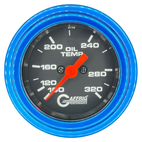 GAFFRIG PART #5022 2 INCH ELECTRIC OIL TEMP GAUGE 100-320 F BLACK - 270 SWEEP STEP RIM (002) / BLUE